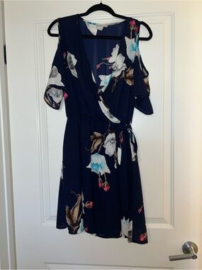 Charlotte Russe Navy Floral Cold-Shoulder Wrap Mini Dress